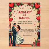 Retro Romantisch paar dansen Comic Style bruiloft Acryl Uitnodigingen (Voorkant)