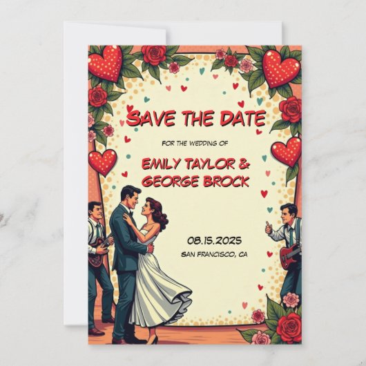 Retro Romantisch paar dansen Comic Style bruiloft Save The Date (Voorkant)
