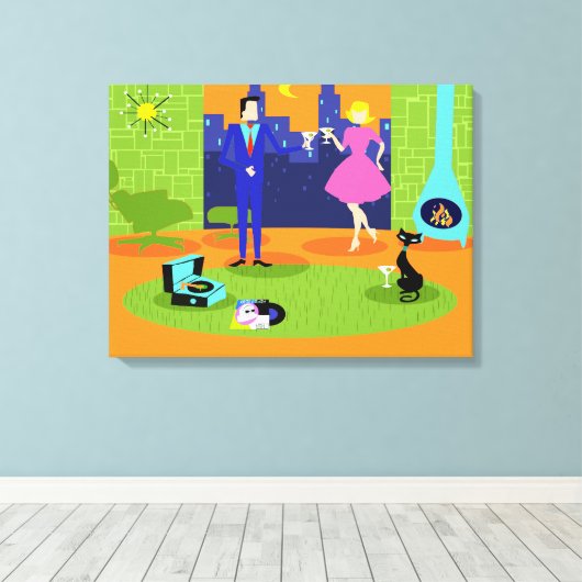 Retro romantische avond paar canvas Print (Insitu (Houten vloer))