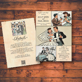  Retro Romantische Bruid Bruidegom Comic Wedding Kaart