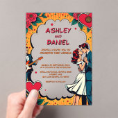 Retro Romantische bruid en bruidegom Comic Style W Acryl Uitnodigingen (Insitu (Draagbaar))