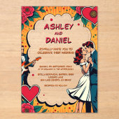 Retro Romantische bruid en bruidegom Comic Style W Acryl Uitnodigingen (Voorkant)