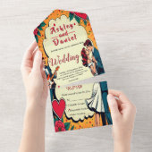 Retro Romantische bruid en bruidegom Comic Style W All In One Uitnodiging (Afscheurbaar)