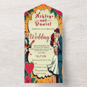 Retro Romantische bruid en bruidegom Comic Style W All In One Uitnodiging (Binnen)