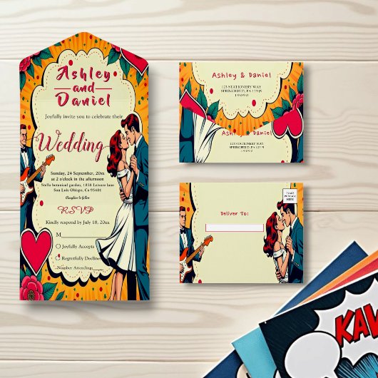 Retro Romantische bruid en bruidegom Comic Style W All In One Uitnodiging