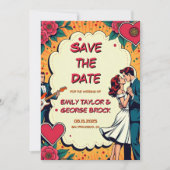Retro Romantische bruid en bruidegom Comic Style W Save The Date (Voorkant)