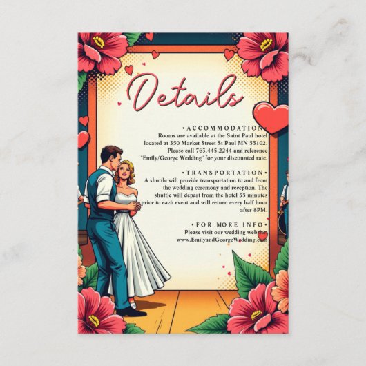 Retro Romantische bruid en bruidegom dans komische Informatiekaartje (Voorkant)