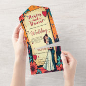 Retro Romantische bruid en bruidegom stripboek bru All In One Uitnodiging (Afscheurbaar)