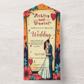 Retro Romantische bruid en bruidegom stripboek bru All In One Uitnodiging (Binnen)