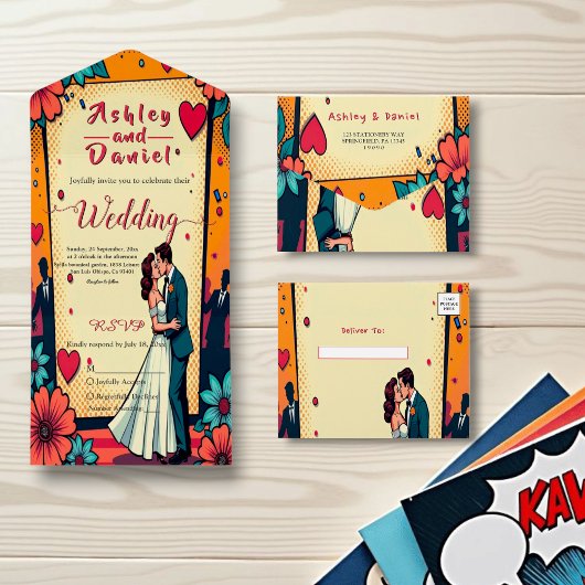 Retro Romantische bruid en bruidegom stripboek bru All In One Uitnodiging