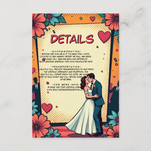 Retro Romantische bruid en bruidegom stripboek bru Informatiekaartje (Voorkant)