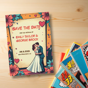 Retro Romantische bruid en bruidegom stripboek bru Save The Date