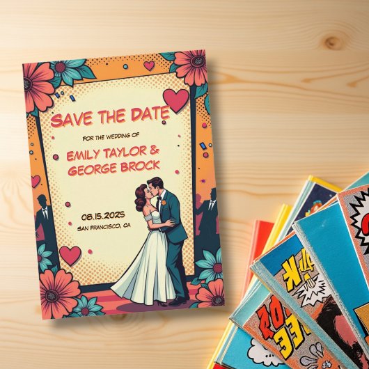 Retro Romantische bruid en bruidegom stripboek bru Save The Date