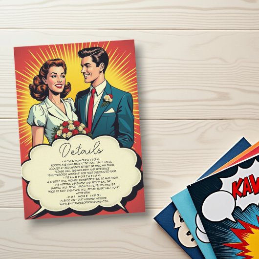 Retro Romantische Koppel Comic Style Wedding Informatiekaartje