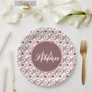 Retro Ronde Aardetoon Roze Monogram Papieren Bordje