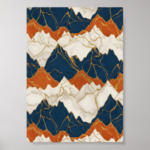 Retro rood-blauw berglandschapskunst poster