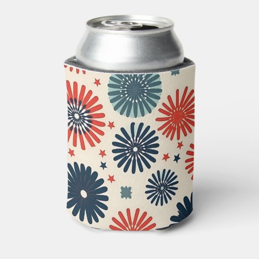 Retro Rood Blauw Bloemen 4 juli Feest Blikjeskoeler (Blikje Achterkant)
