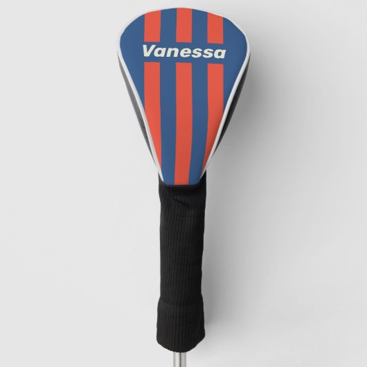 Retro Rood & Blauw Drie Pin Strepen met Naam Golfheadcover (Voorkant)