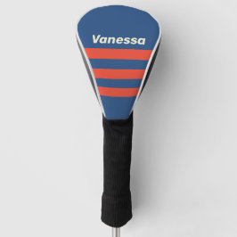 Retro rood & blauw drie-rijige strepen met naam golfheadcover