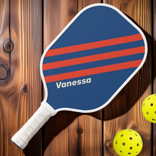 Retro Rood & Blauw Drie Strepen met Naam Pickleball Paddle