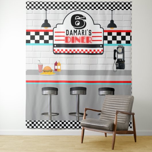 Retro rood|blauw geruit achtergrond voor diner too wandkleed (In situ)