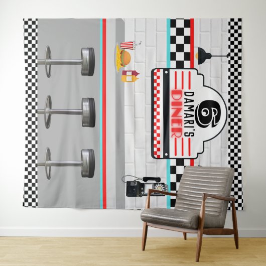 Retro rood|blauw geruite diner toonbank achtergron wandkleed (In Situ (horizontaal))