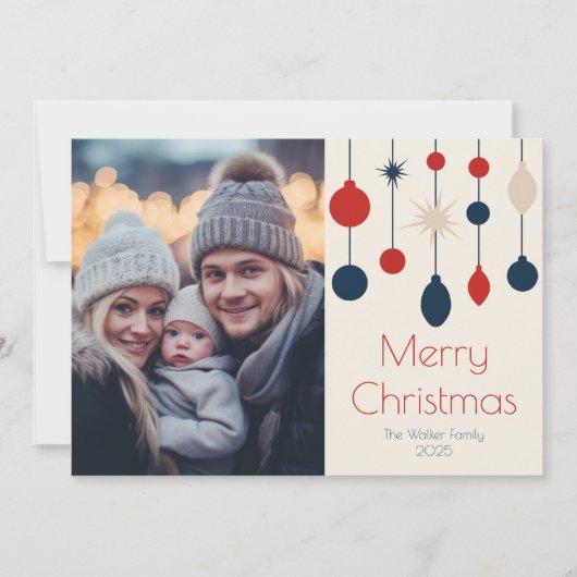 Retro Rood Blauw Kerst Ornamenten Foto Feestdagenkaart (Voorkant)
