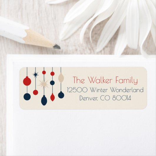 Retro Rood Blauw Ornamenten Kerst Retour Adres Etiket (Insitu)