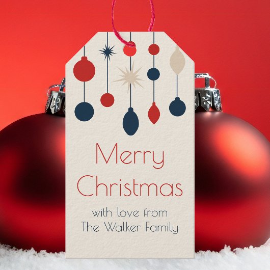 Retro Rood Blauw Ornamenten Kerstfeest Cadeaulabel