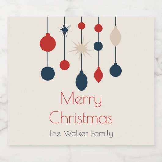 Retro Rood Blauw Ornamenten Kerstfeest Sparkling Wijnetiket (Enkel label)