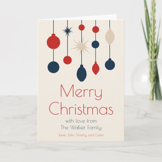 Retro Rood Blauw Ornamenten Kerstfoto Binnen Feestdagen Kaart (Voorkant)