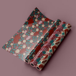 Retro  Rood Blauwgroen Gezellig Bloemen Kerst Inpakpapier Vel