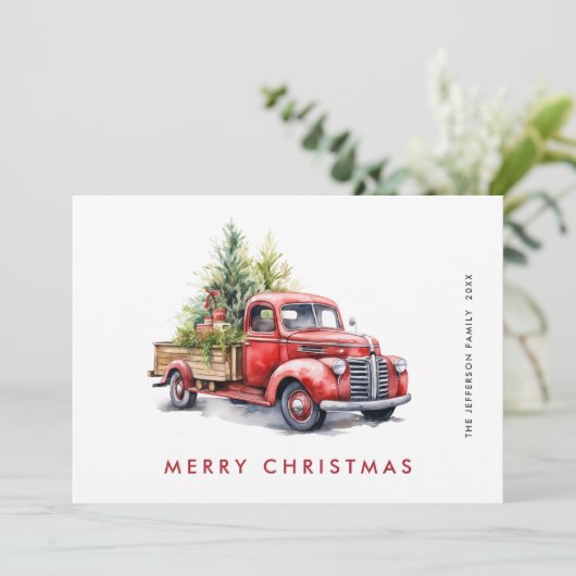 Retro Rood Boerderij Vrachtwagen Kerstboom Groet Feestdagenkaart (Staand voorkant)