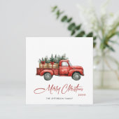 Retro Rood Boerderij Vrachtwagen Kerstboom Groet Feestdagenkaart (Staand voorkant)