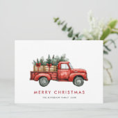 Retro Rood Boerderij Vrachtwagen Kerstboom Groet Feestdagenkaart (Staand voorkant)