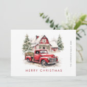 Retro Rood Boerderij Vrachtwagen Kerstboom Groet Feestdagenkaart (Staand voorkant)