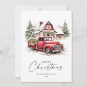 Retro Rood Boerderij Vrachtwagen Kerstboom Groet Feestdagenkaart (Voorkant)