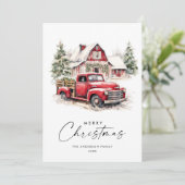 Retro Rood Boerderij Vrachtwagen Kerstboom Groet Feestdagenkaart (Staand voorkant)