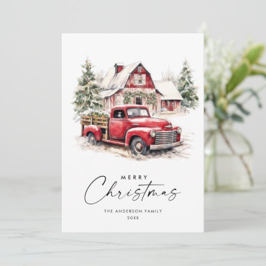 Retro Rood Boerderij Vrachtwagen Kerstboom Groet Feestdagenkaart (Staand voorkant)