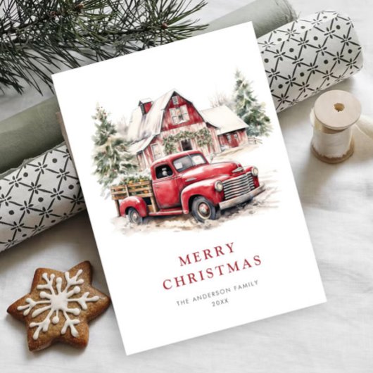 Retro Rood Boerderij Vrachtwagen Kerstboom Groet Feestdagenkaart