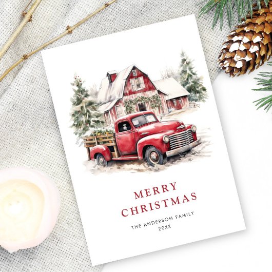 Retro Rood Boerderij Vrachtwagen Kerstboom Groet Feestdagenkaart