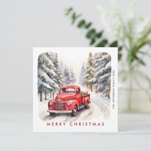 Retro Rood Boerderij Vrachtwagen Kerstboom Groet Feestdagenkaart (Staand voorkant)