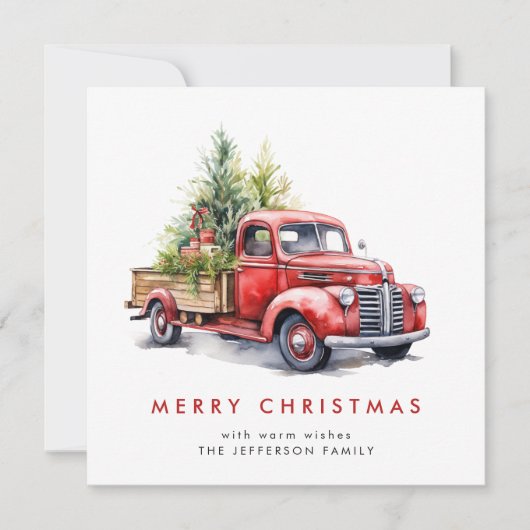 Retro Rood Boerderij Vrachtwagen Kerstboom Groet Feestdagenkaart (Voorkant)