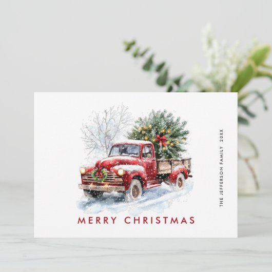 Retro Rood Boerderij Vrachtwagen Kerstboom Groet Feestdagenkaart (Staand voorkant)