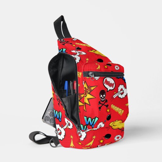 Retro Rood Comic Book Pop Art Explosiepatroon Sling Bag (Open)