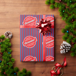 Retro rood en blauw Amerikaans streeppatroonlabel  Cadeaupapier