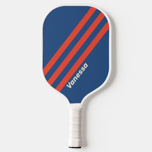 Retro rood en blauw drie strepen met naam pickleball paddle (Achterkant)