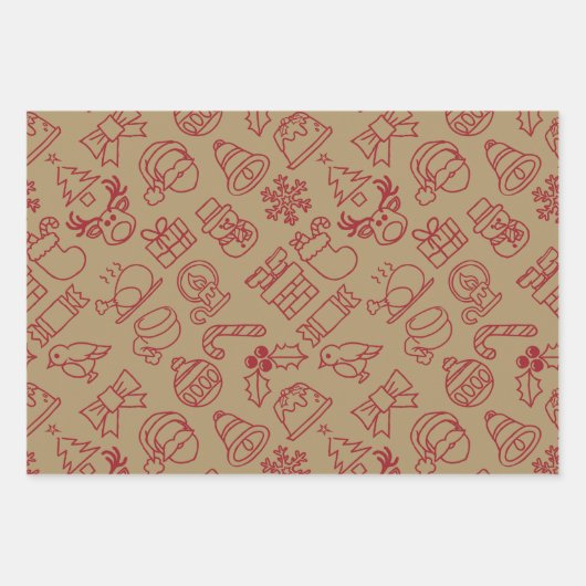 Retro Rood en Goud  Nordic Christmas Inpakpapier Vel (Voorkant 3)
