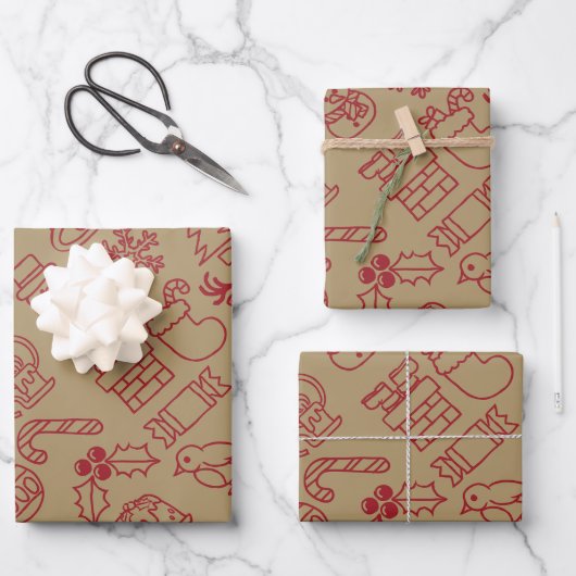 Retro Rood en Goud Nordic Christmas Inpakpapier Vel (Voorkant)