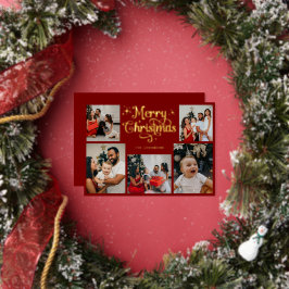Retro Rood en Goud Prettig Kerstmis Familie Foto Folie Feestdagenkaart